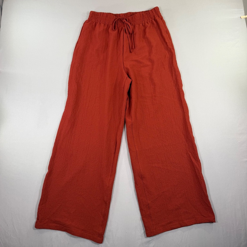 Rust Orange Wide Leg Pants Womens Large Lightweight Flowy Boho Crinkle Fall